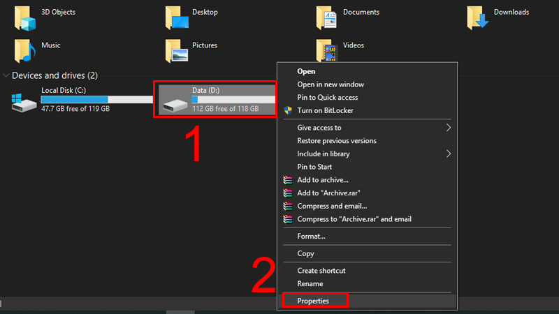 Nhấn chuột phải l&ecirc;n ổ cứng bạn muốn chọn Properties